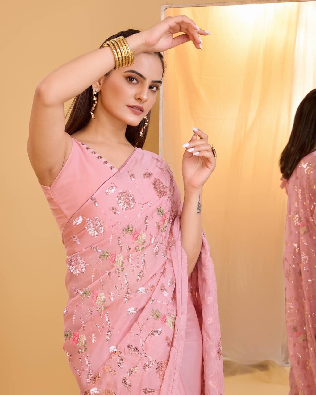 Receptions Wear Special Premium Tibby Organza Silk Light Pink Saree.