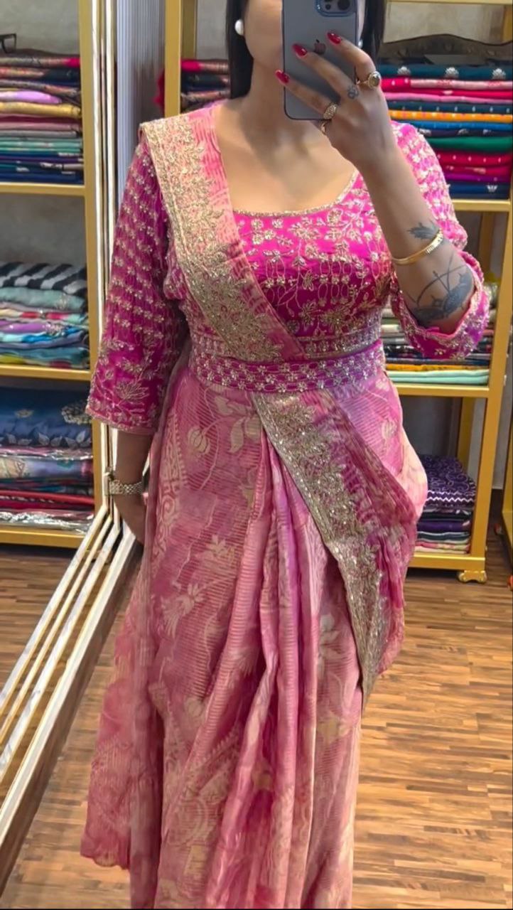 Pretty Designer Apple Organza Ready To Wear Saree Collection.