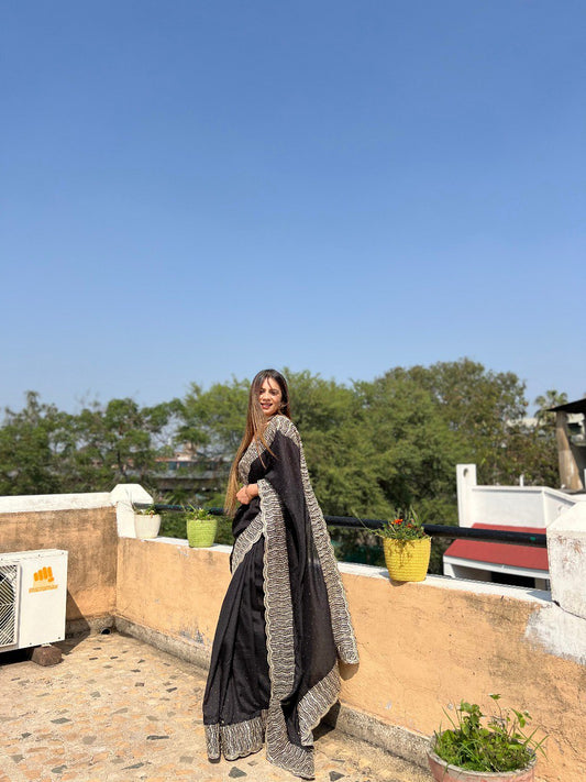 New Party Wear Special Heavy Blooming Vichitra Silk Black Saree.