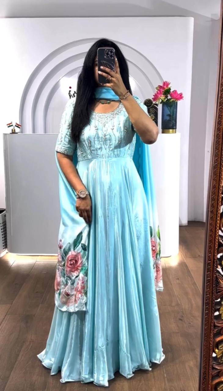 Sky Blue Latest Designer Gown Collection.