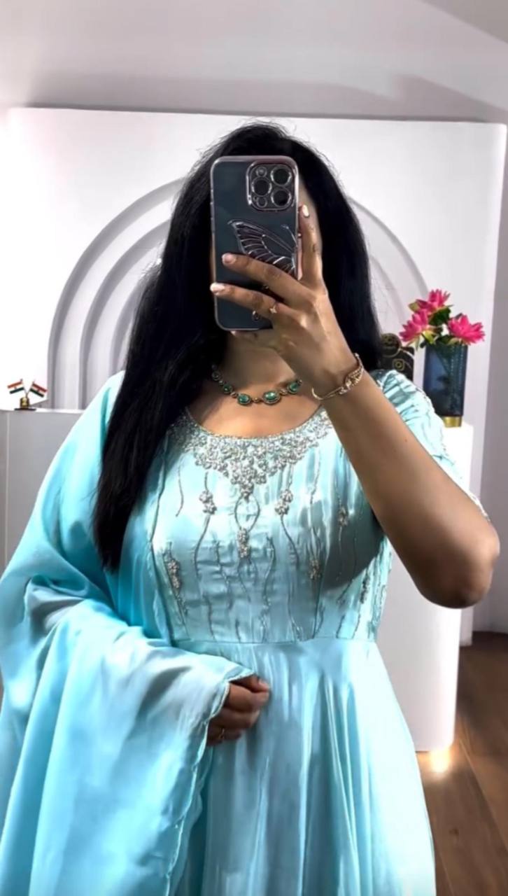 Sky Blue Latest Designer Gown Collection.