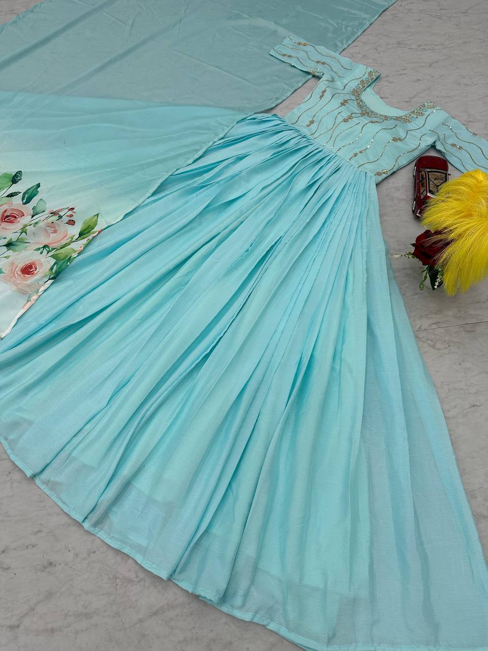 Sky Blue Latest Designer Gown Collection.
