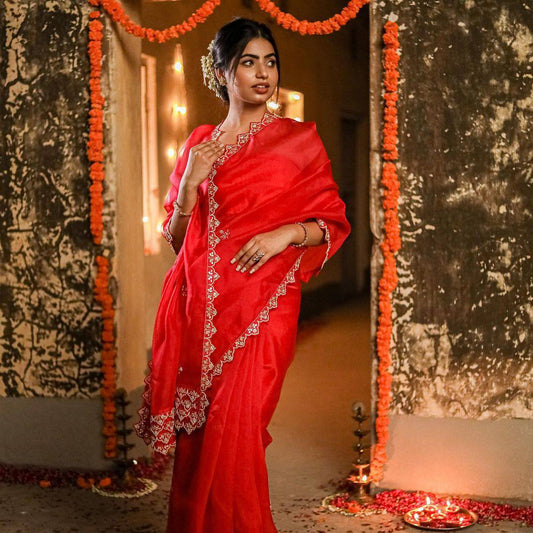 Beautiful Red Organza Silk Saree Collection.