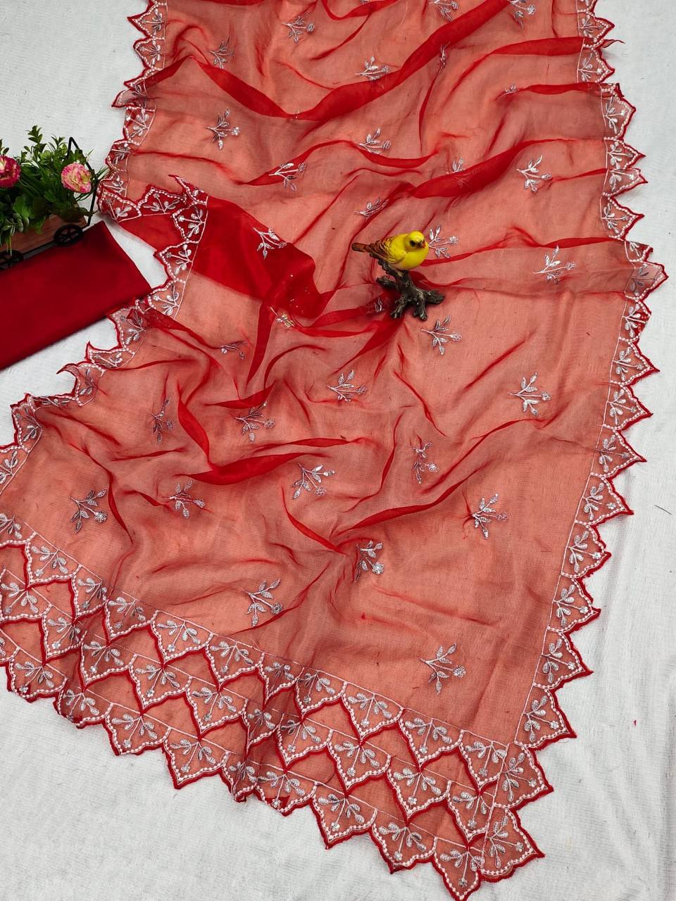 Beautiful Red Organza Silk Saree Collection.