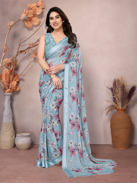 Latest New Premium Bright Moss Silk Sky Colour Saree Collection.