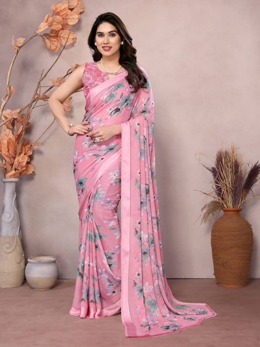 Bright Moss Silk Pink Colour Floral Printed Saree Collection.