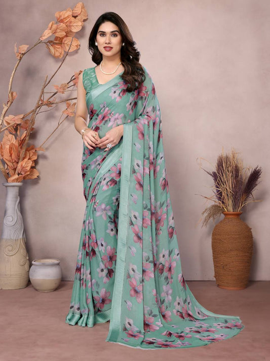 Casual Wear Special Floral Printed Bright Moss Silk Saree Collection.