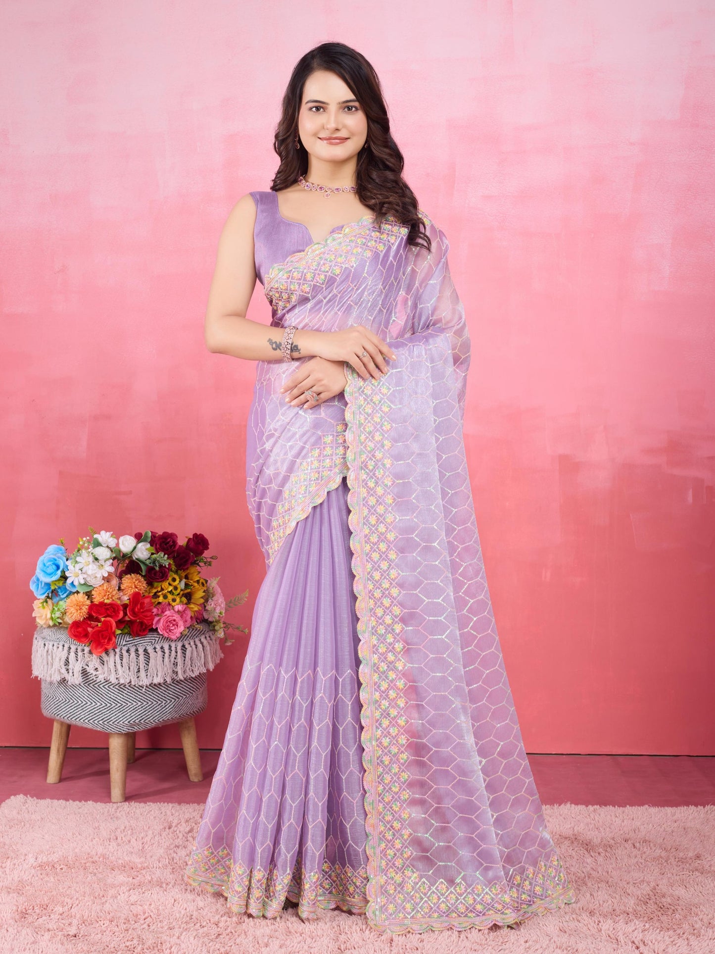 Lavender Party Wear Burberry Silk Saree Collection.