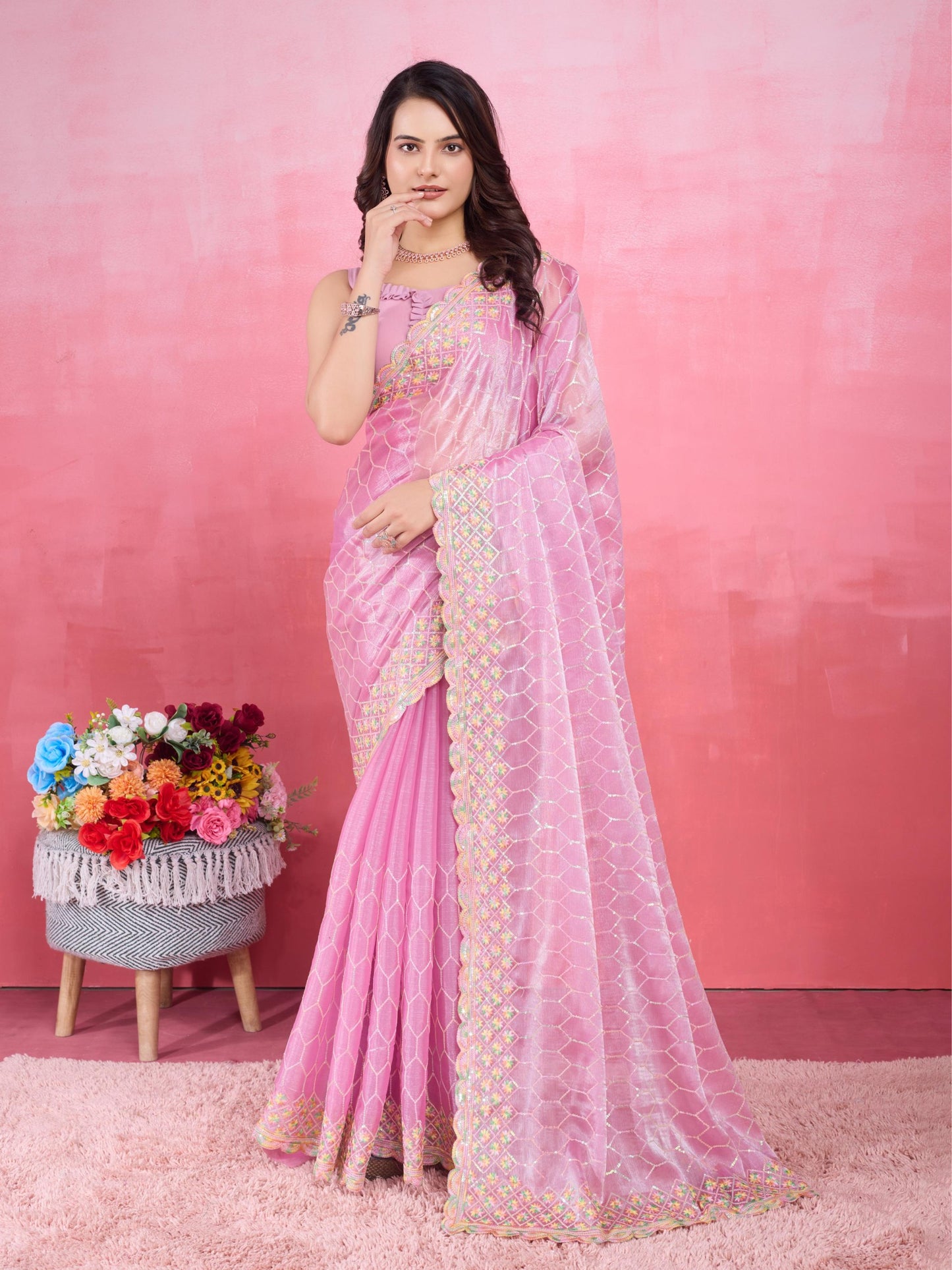 Adorable Designer Pink Burberry Silk Saree Collection.