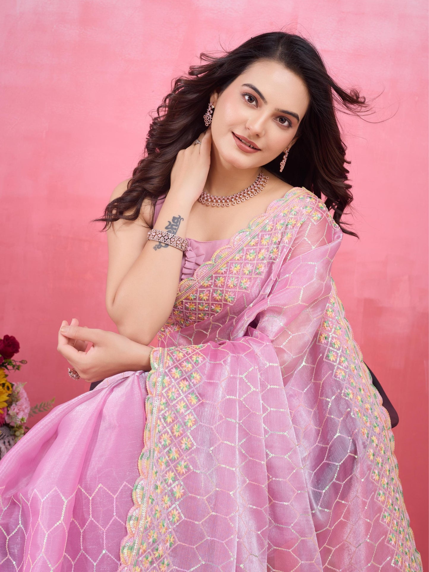 Adorable Designer Pink Burberry Silk Saree Collection.