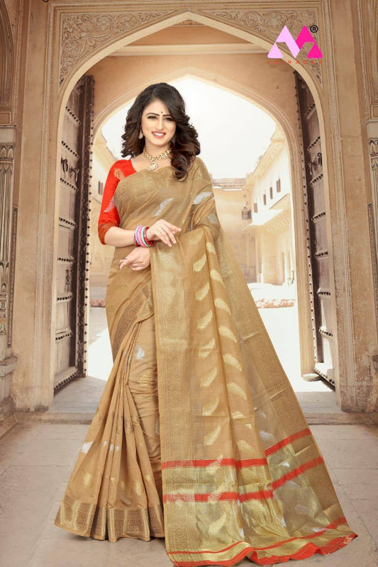 Preety Look Premium Cotton Soft Silk Dark Beige Color Saree.