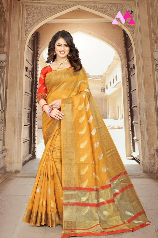 Haldi Occasions Special Look Premium Cotton Silk Mustard Yellow Color Saree.
