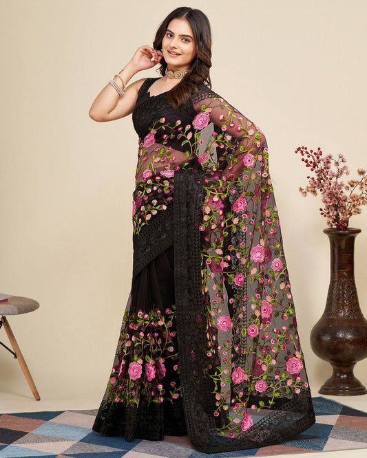 Party Wear Special Soft Net Black Colour Saree Collection.