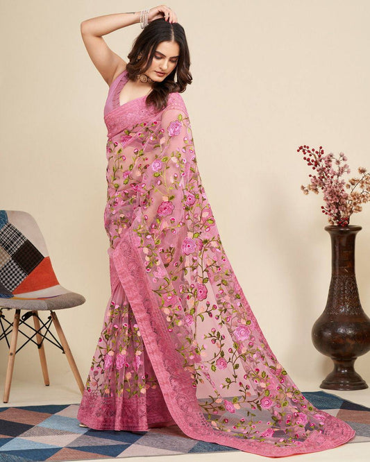 Amazing Look Occasions Wear Special Soft Net Pink Saree Collection.