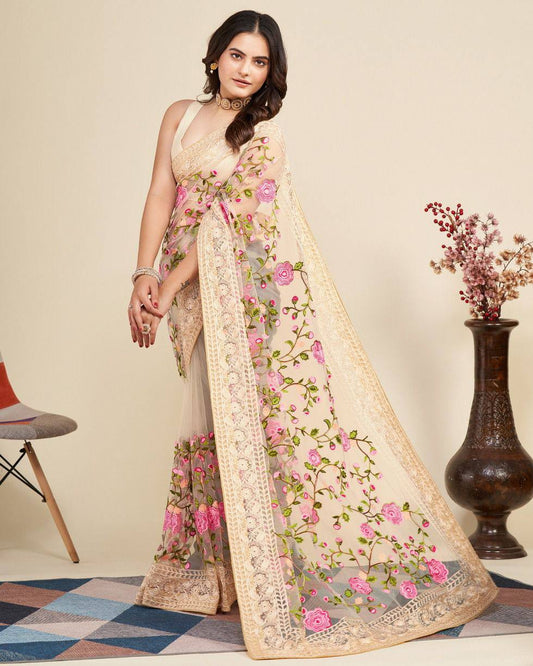 Gorgeous Look Pretty Chikankari Embroidery Work Soft Net Saree.