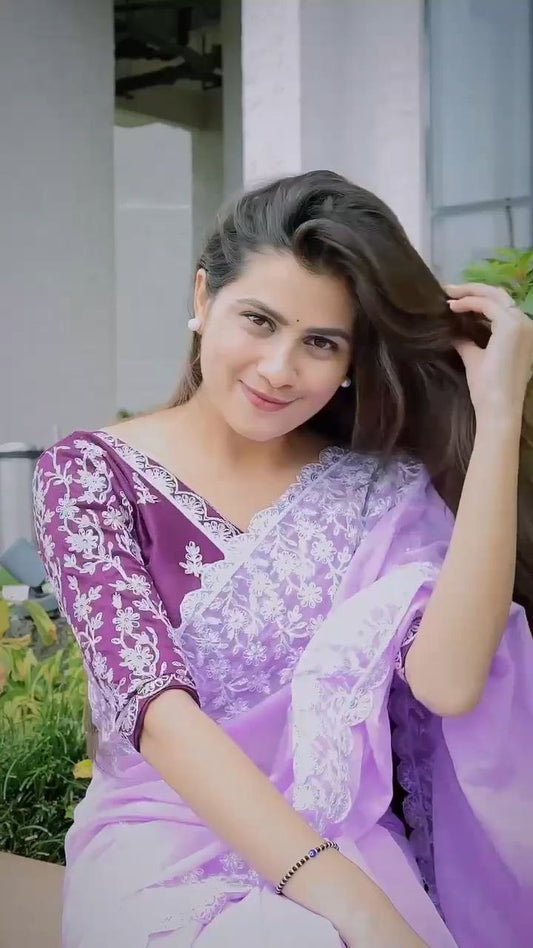 New Latest Designer Lavender Soft Organza Silk Saree Collection.
