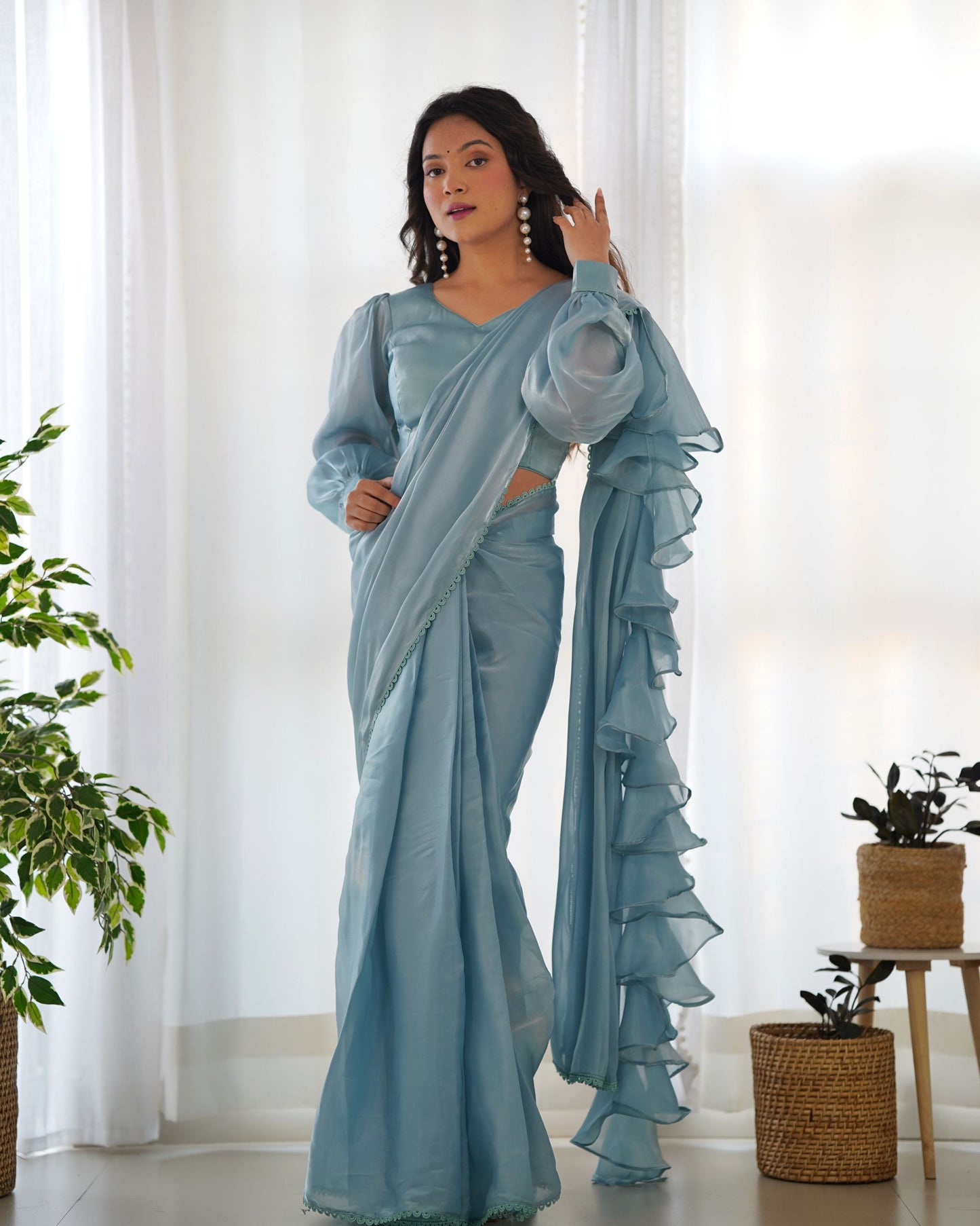 Sky Colour Predrapped Ruffle Ready To Wear Saree Collection.