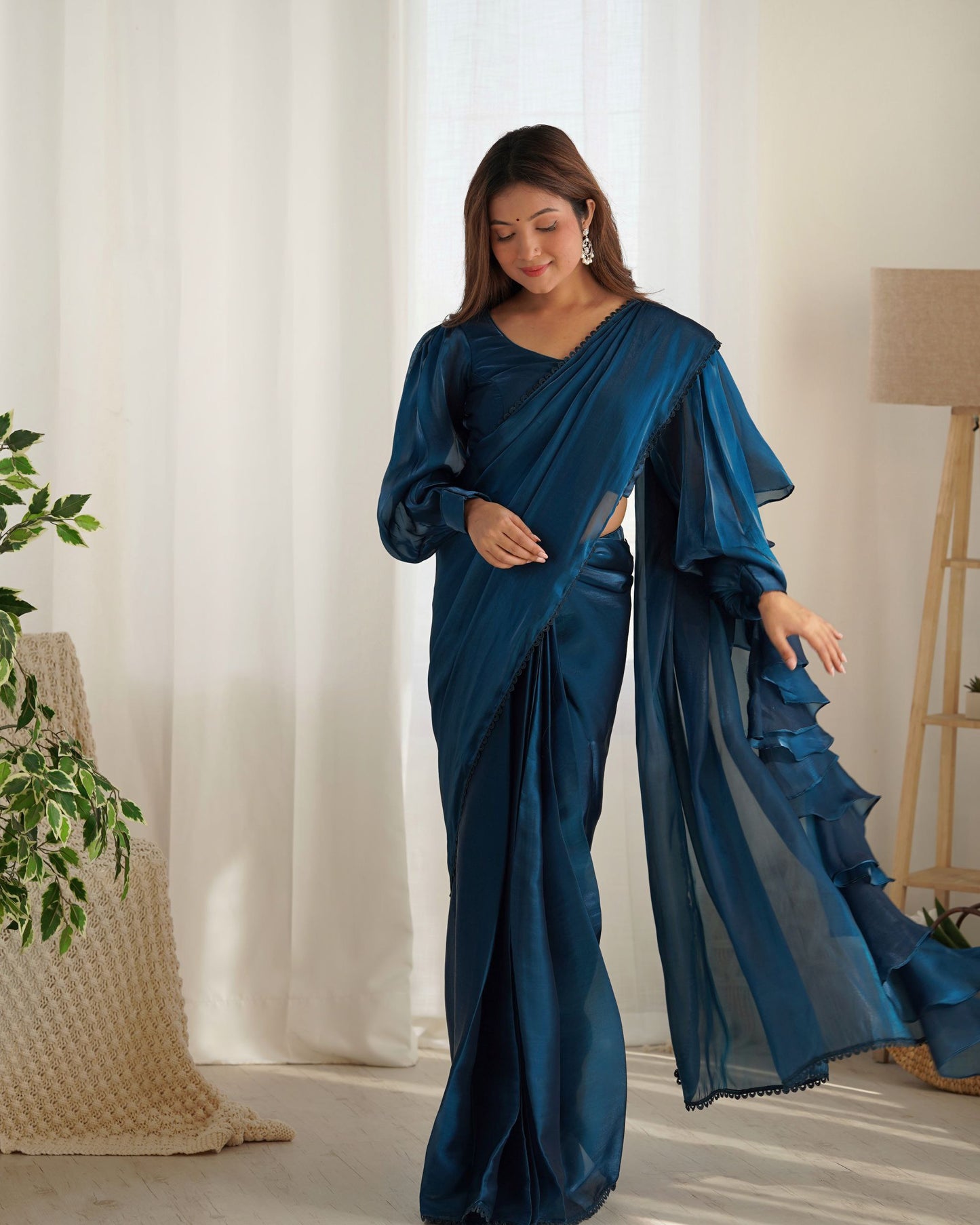 Teal Blue Party Wear Predrapped Ruffle Ready To Wear Saree Collection.