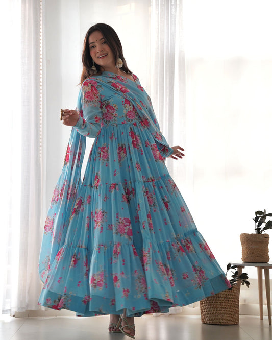Sky Blue Colour Designer Kalamkari Floral Printed Full Flaired Gown Collection.