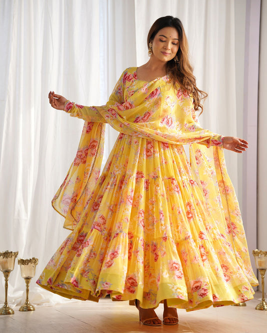 Yellow Colour Floral Printed Haldi functions Special Full Flaired Gown Collection.