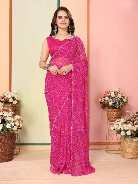 Weddings Functions Special Pink Ready To Wear Bandhani Saree.