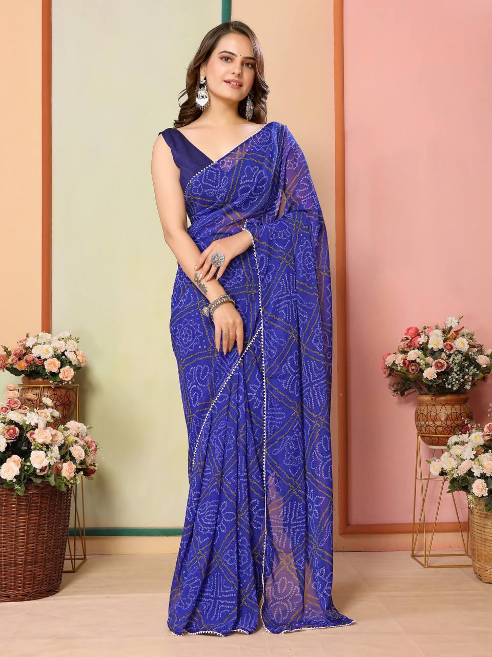 Blue Ready To Wear Bandhani Georgette Saree.