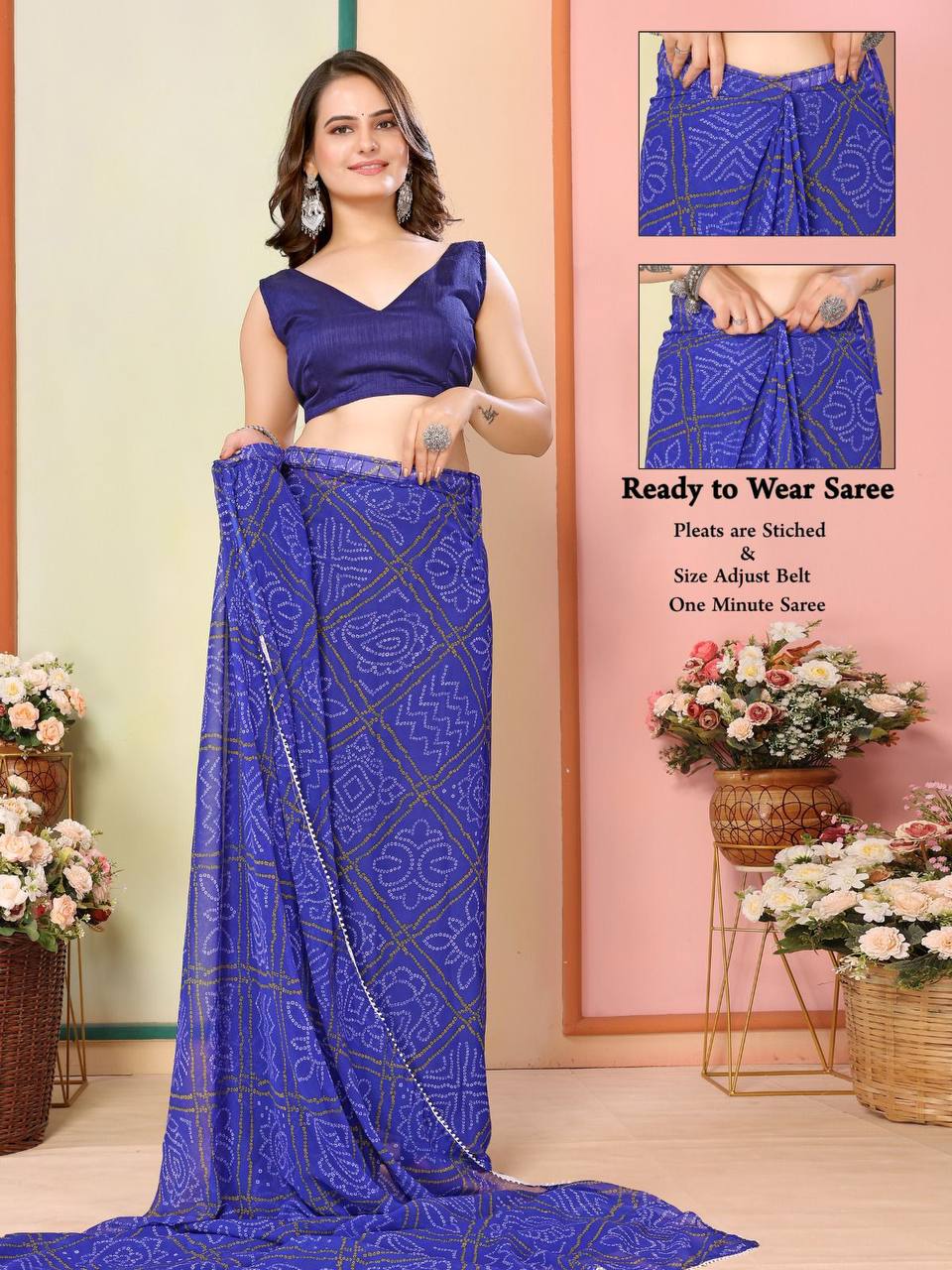 Blue Ready To Wear Bandhani Georgette Saree.