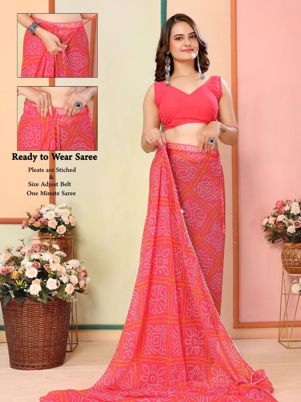 Trendy Bandhani Designer 1-Minute Ready To Wear Saree Collection