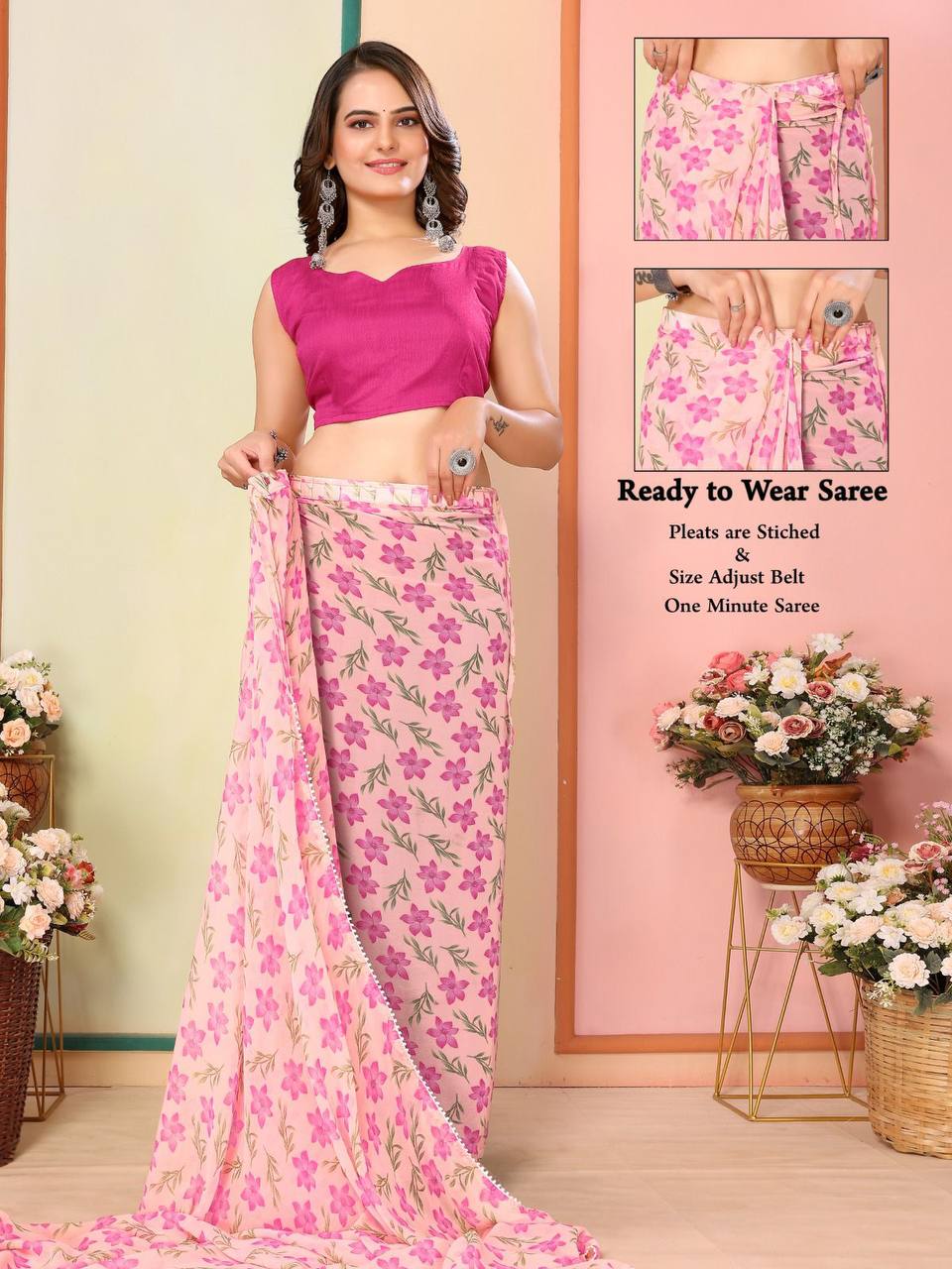 Attractive Floral Design 1-Minute Ready To Wear Saree Collection.