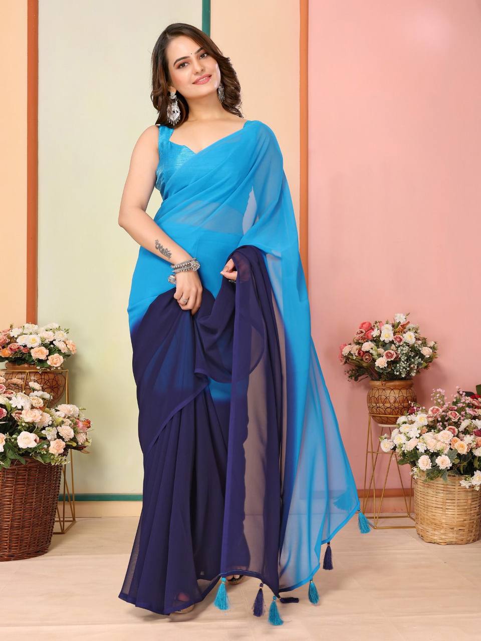 Attractive Party Wear Special 1-Minute Ready To Wear Georgette Trendy Saree Collection.