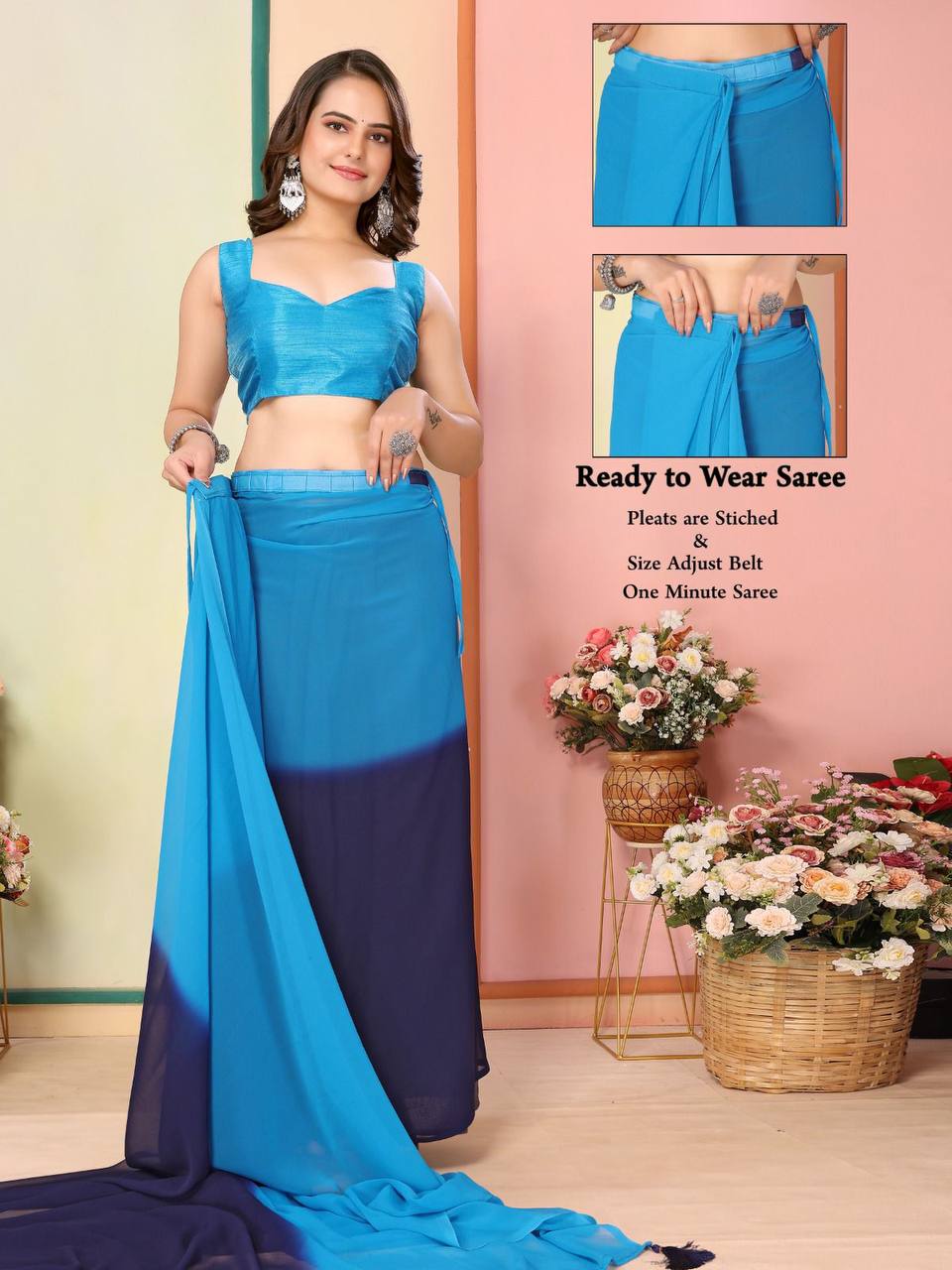 Attractive Party Wear Special 1-Minute Ready To Wear Georgette Trendy Saree Collection.