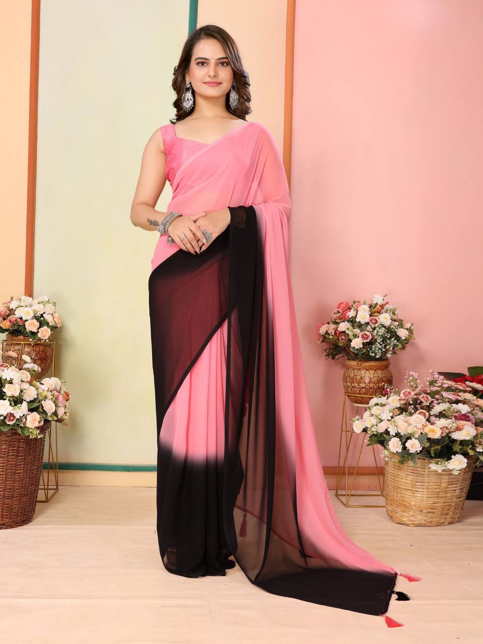 Classic Look Hot Pink Black Shade Georgette 1-Minute Ready To Wear Special Saree.