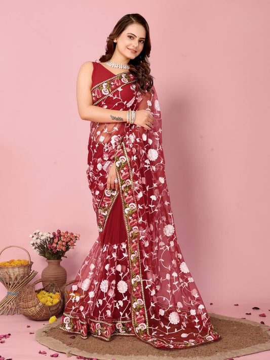 Weddings Functions Special Chikankari Embroidery Work Soft Net Saree.