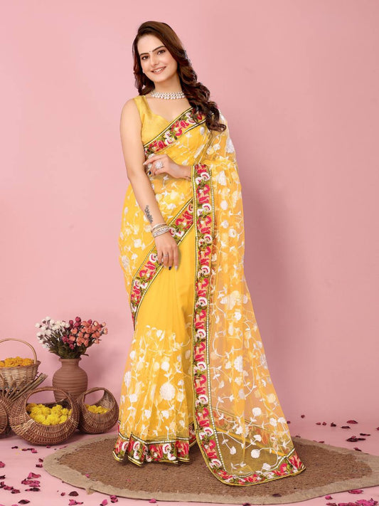 Haldi ceremony Special Yellow Soft Net Saree Collection.