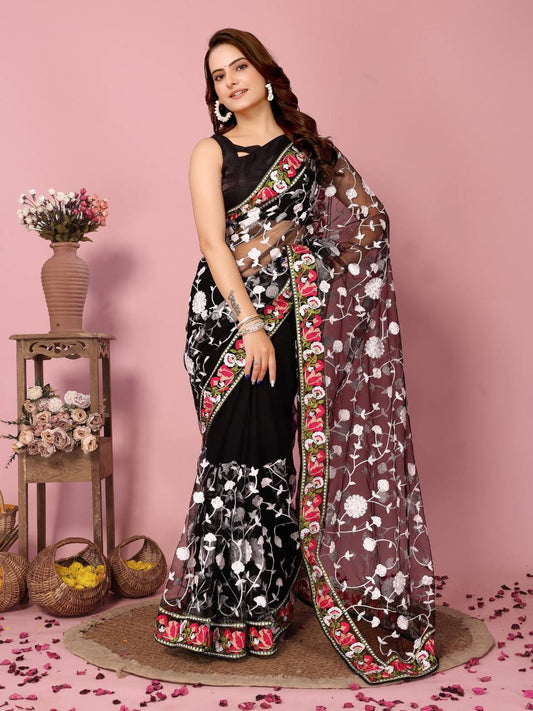 Party Wear And Function Special Black Soft Net Saree.