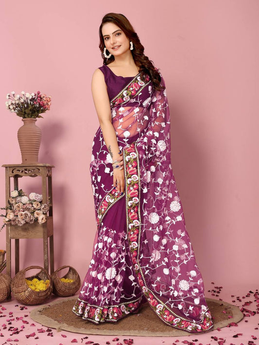 Latest Designer Chikankari Embroidery Design Work Soft Net Saree Collection.