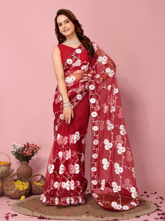 Pretty Soft Net Red Saree Collection.