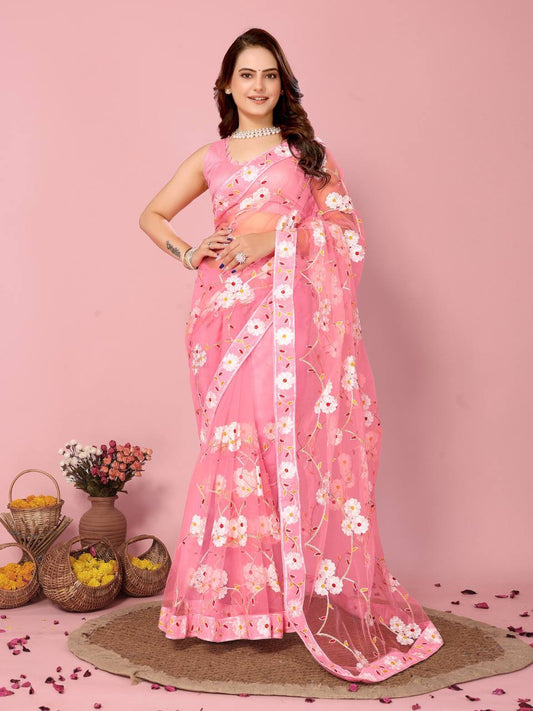 Latest New Soft Net Chikankari Embroidery Work Pink  Saree.