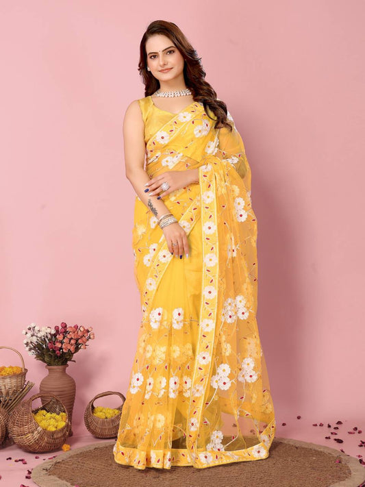 Haldi Ceremony Special Soft Net Yellow Colour Saree.