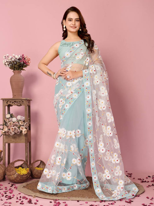 Latest Designer Soft Net Chikankari Embroidery Work Saree.