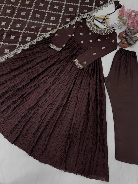 Latest New Party Wear Pure Crush Chinon Silk Fancy Gown Collection.