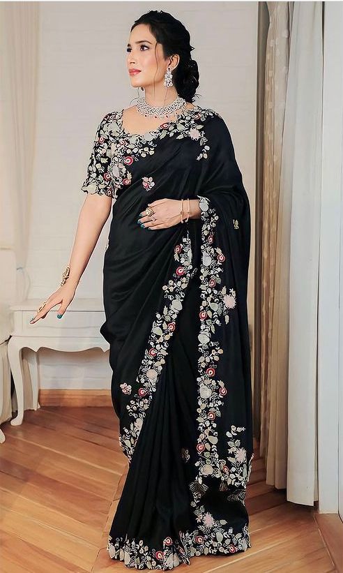 Party Wear Soft Georgette Black Saree Collection.